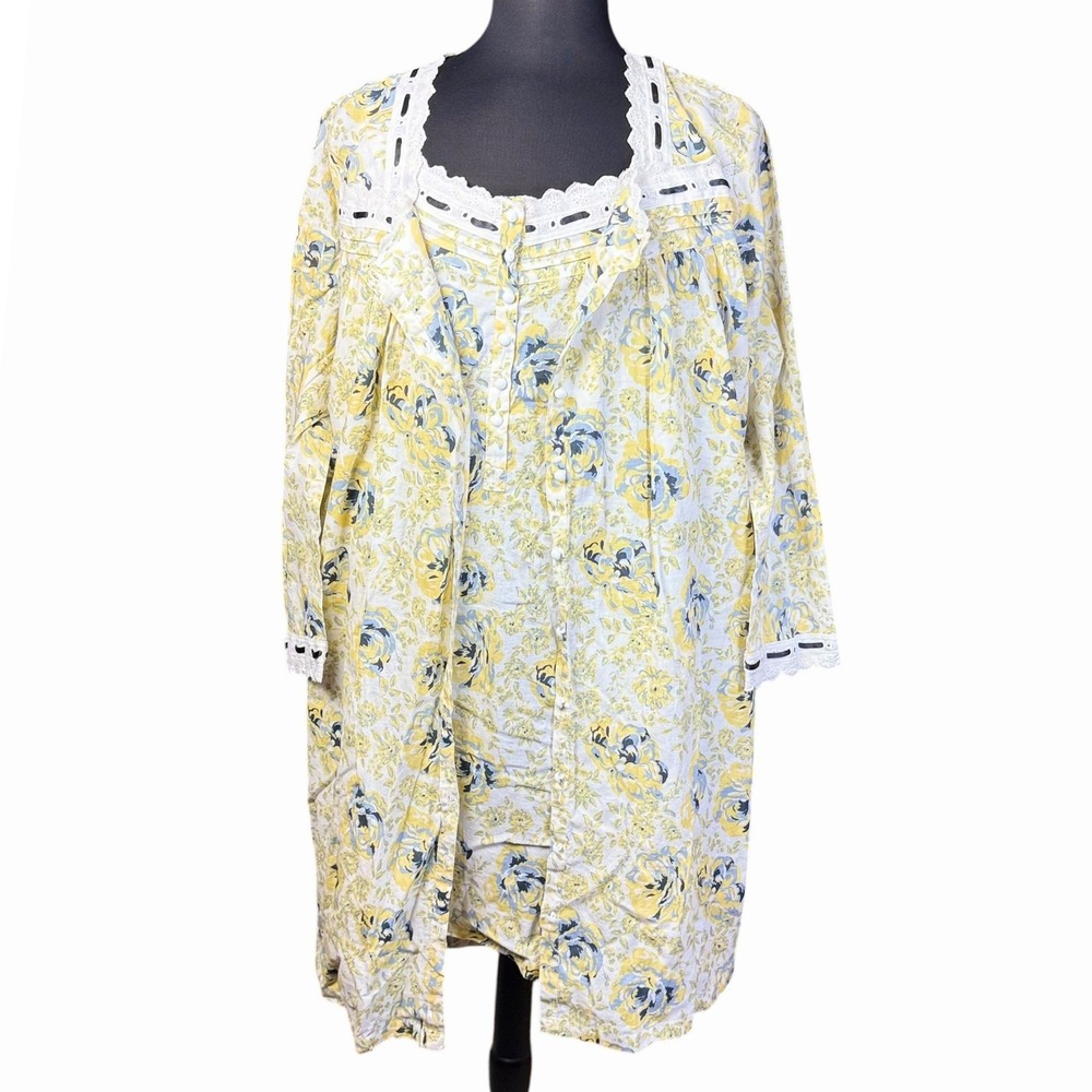 Only Necessities Womens 1X Yellow Floral Cotton 2pc Peignoir Set Dress Robe NEW